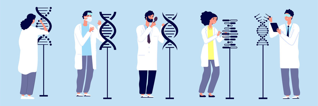 Illustration mit fünf Forschenden in weißen Laborkitteln, die DNA-Moleküle untersuchen.