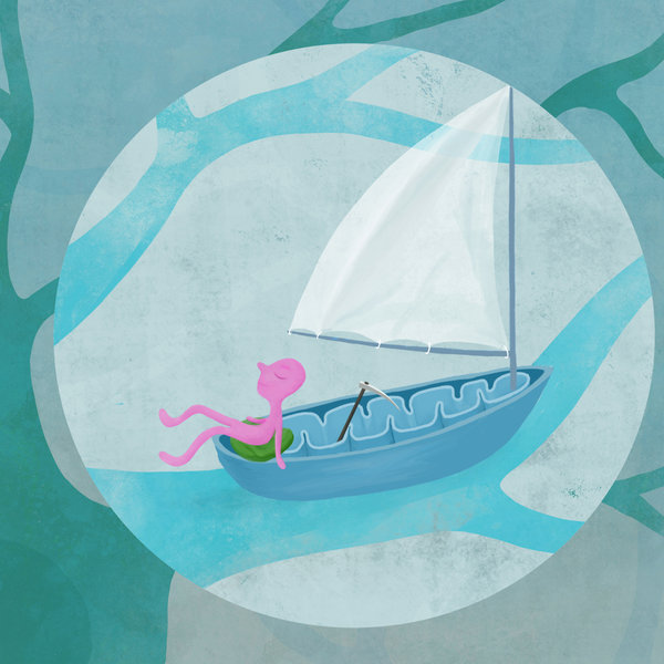 Illustration of a sailboat in the shape of a cellular power plant. Sitting on it is a figure that represents a molecule sailing along.