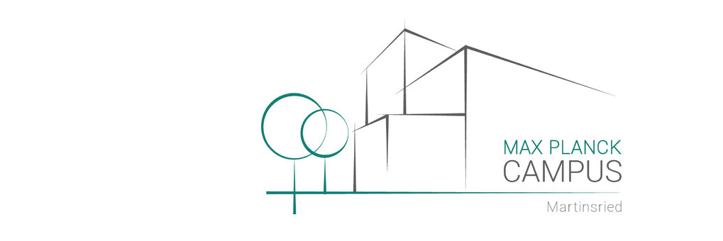 Zeichnung mit angedeuteten Gebäuden und Bäumen. Dazu der Schriftzug Max Planck Campus Martinsried