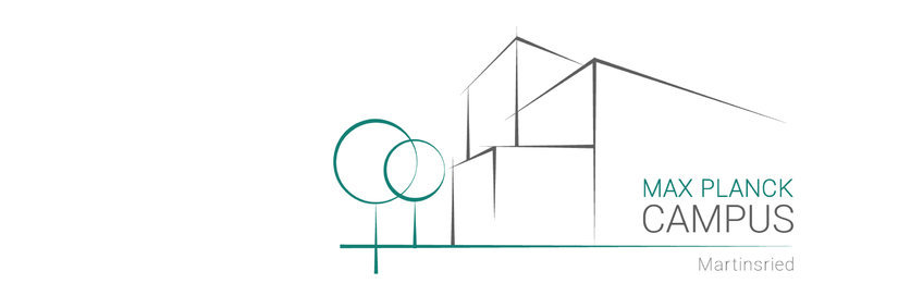 Drawing of two buildings and trees with the headline Max Planck Campus Martinsried